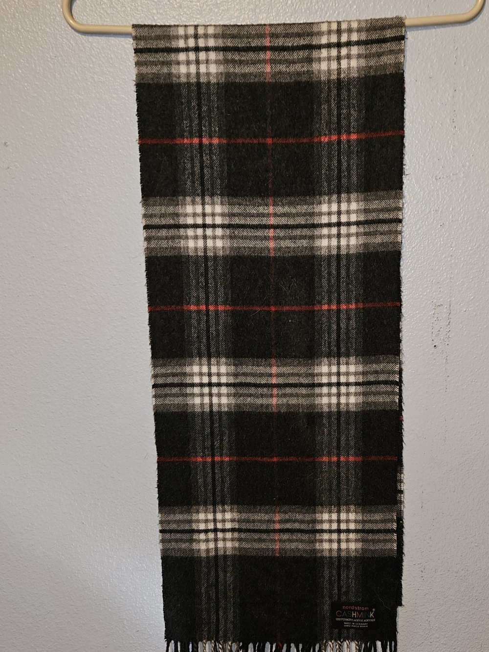Cashmere Blend Black Plaid Scarf with Red and White Accents